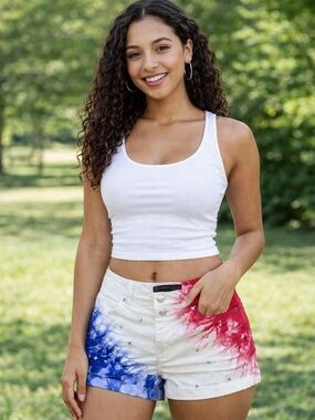 No Boundaries 4th of July Tie-Dye Jean Shorts Red White Blue Star Studded Size 1